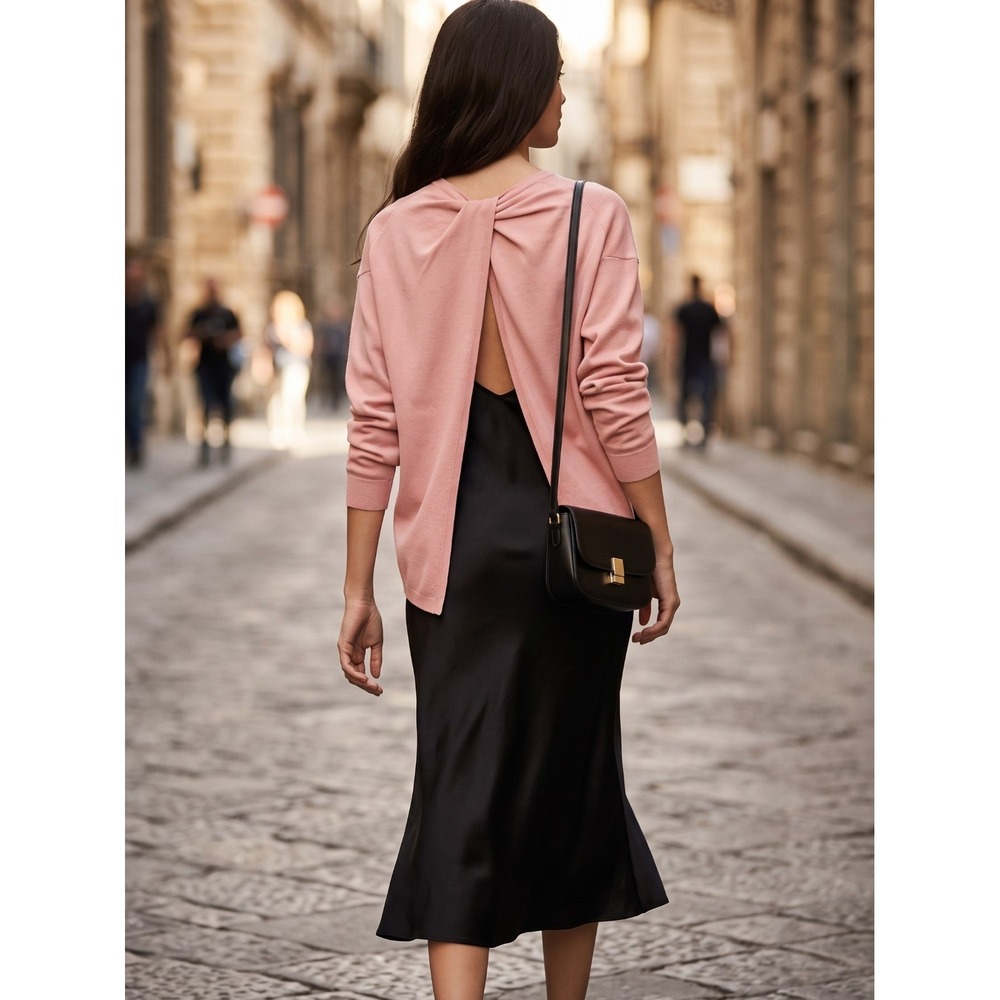 Theory Twylina 100% Merino Wool Open Back Twist Sweater Dark Gardenia Pink P S M
